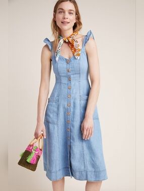 Anthropologie Pilcro Rostand Button-Front Midi Dress Linen Denim Size 8